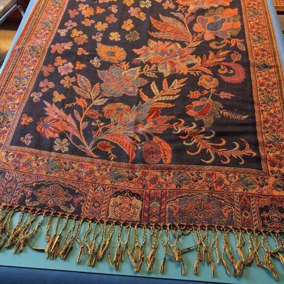 Woven Polyester Dark Floral Colors Wide Border with Long knotted Fringe Scarf - Picture 1 of 7
